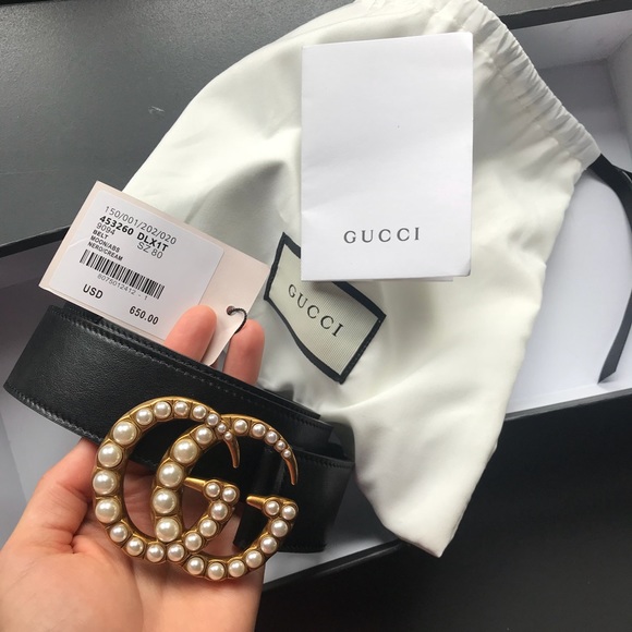 gucci leather belt with pearl double g